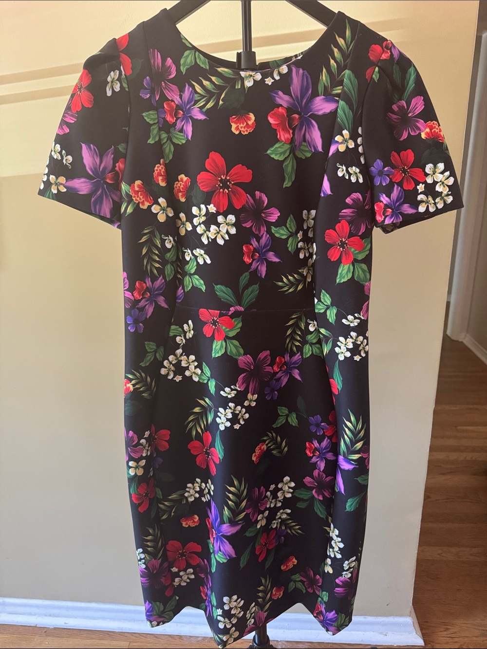 Calvin Klein Black Floral Short Sleeve Dress with Multicolor Blooms